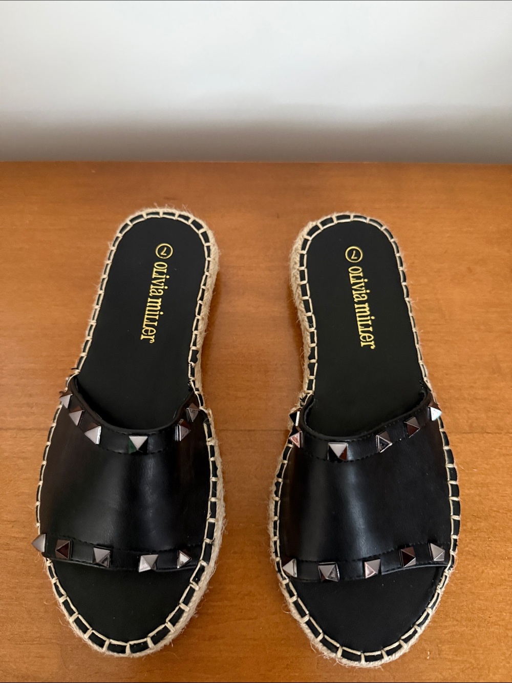 Olivia Miller Black Studded Espadrille Slide Mules